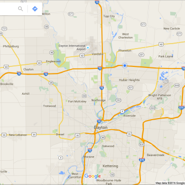 Google Map position just outside of Dayton Ohio, headed west.